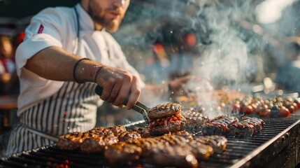 a chef expertly flipping burgers on a smoky grill at a food festival