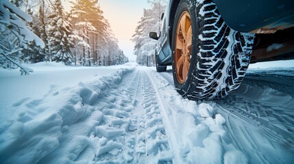 Close-up of a car tire on a snow-covered road amidst a winter forest, showcasing the patterns and texture of the tire and the beauty of the snowy landscape around it