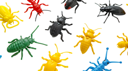 A group of toy bugs are piled on top of each other, forming a quirky and playful stack