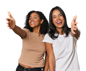Young Latin friends in studio feels confident giving a hug to the camera.