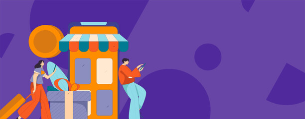 Holiday shopping people doing e-commerce online shopping flat vector concept operation hand drawn illustration
