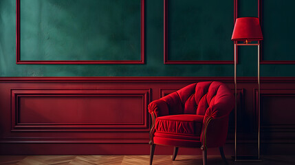 Beautiful luxury classic velvet red clean interior room in classic style with velvet red soft armchair. Vintage antique velvet chair standing beside emerald wall. Minimalist home design.