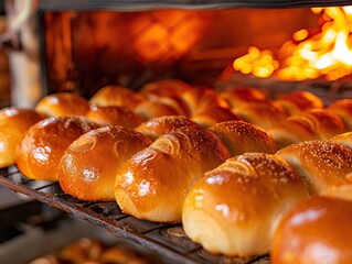 Close-up shot of a baker's hand wearing an oven mitt, taking a tray of freshly baked rolls out of the oven, showcasing the golden crust and steam rising from the warm bread