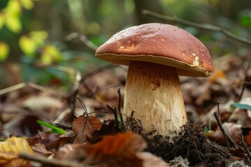Porcini mushroom stands tall among autumn leaves, showcasing nature's bounty