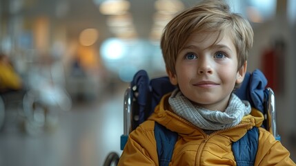 Gentle-looking young boy with thoughtful eyes sits in a wheelchair, reflecting in a bright indoor space