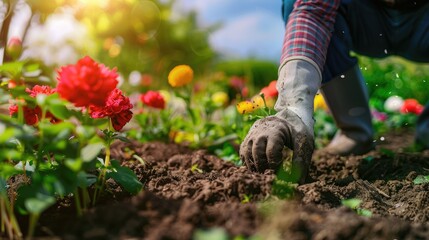 close-up of a man planting flowers in a flowerbed. Selective focus
