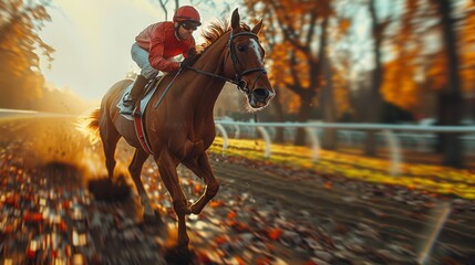An action-packed scene of horse racing depicts the horse and jockey in sharp focus against a blurred autumnal forest, conveying a sense of speed and competition