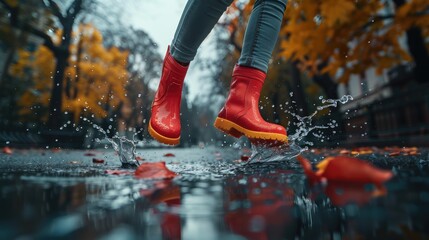 On a rainy day, red rubber boots gleefully splash in a puddle, sending droplets of water scattering in all directions