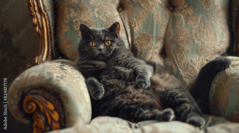 Aufkleber A fat cat perched on a plush armchair, looking directly at the camera with an inquisitive expression.