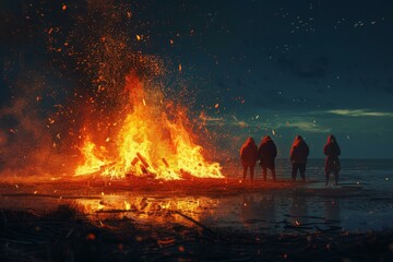 Group of people standing by a large, fiery bonfire on the beach under an evening sky