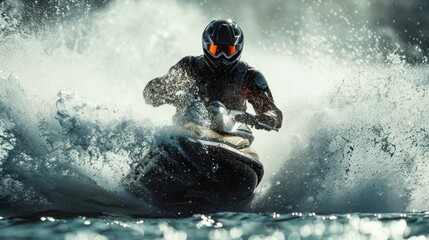 Naklejka premium jet ski making a sharp turn, creating a dramatic spray of water