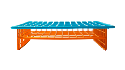 An orange and blue shelf with a blue top, featuring a vibrant color contrast in a modern setting