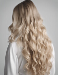 Naklejka premium long and wavy women's hair in blonde tones, back view, hair advertising shoot, isolated white background 