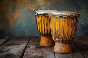 Two authentic african djembe drums positioned on rustic wood with a moody, artistic backdrop