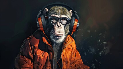 a monkey wearing headphones stands in front of a black wall, with a white and gray beard and a black head visible in the background