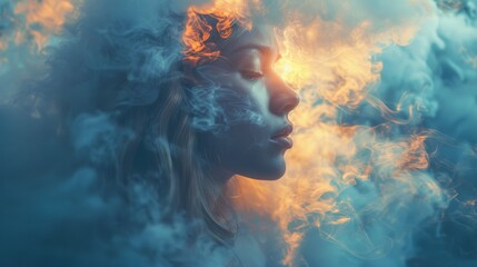 Artistic image of a woman's profile surrounded by dynamic blue smoke against a dark backdrop
