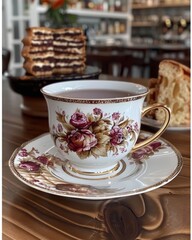 Fototapeta premium Aesthetic closeup of a porcelain tea cup with saucer, boasting intricate floral patterns, on a wooden table with blurred pastries in the background