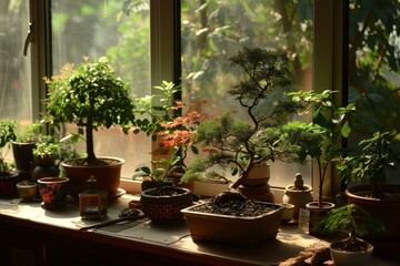 Peaceful array of bonsai trees basking in the warm sun by a window - Powered by Adobe