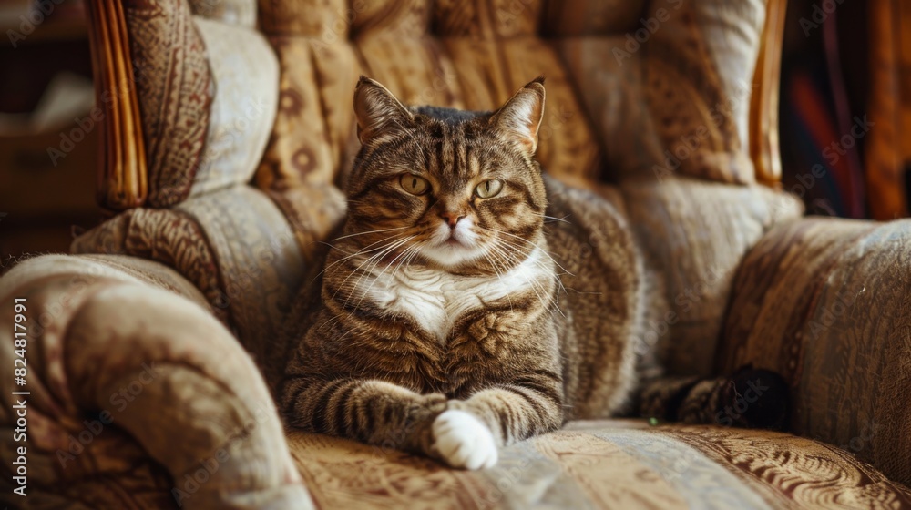 Aufkleber A fat cat perched on a plush armchair, looking directly at the camera with an inquisitive expression.