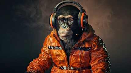 a monkey wearing a leather jacket and black headphones stands in front of a black wall, with a silver zipper visible in the background