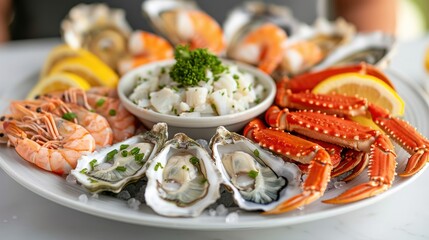 mage of a seafood platter featuring shrimp, oysters, and crab legs with lemon wedges