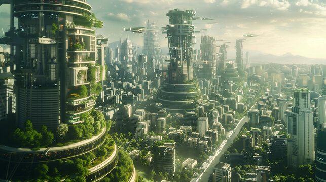 A utopian city in 2100 with flying cars, hyperloop transportation, and self-sustaining residential towers with integrated vertical farms and water recycling systems