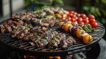 Image of a smoky charcoal grill filled with assorted meats and vegetables, creating a mouth-watering aroma - Powered by Adobe