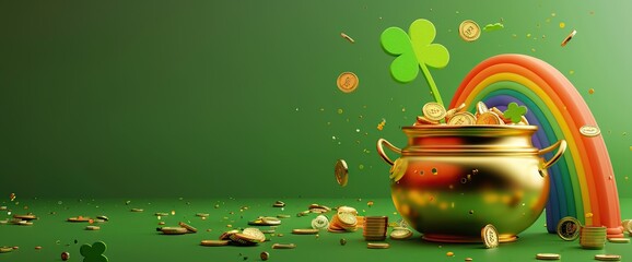 a pot of gold sits atop a pile of coins, surrounded by a colorful rainbow and a green wall, with a gold handle visible in the foreground