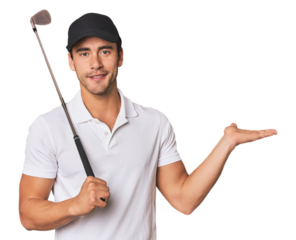 Young Hispanic man with golf club showing a copy space on a palm and holding another hand on waist.