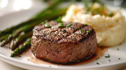 Image of a tenderloin steak with a perfect sear, served with a side of mashed potatoes and asparagus