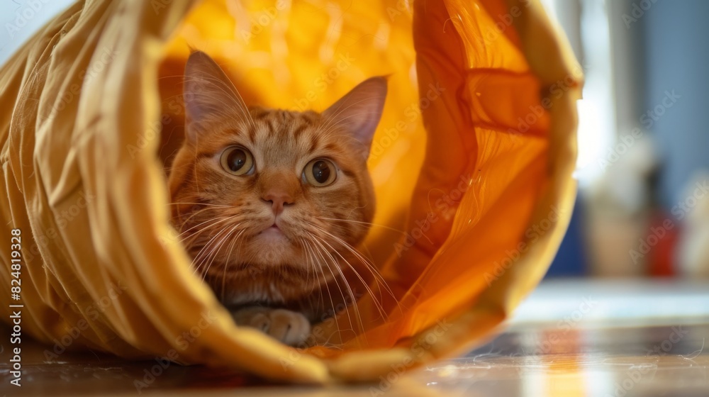 Poster a fat cat playing hide-and-seek with a crinkle tunnel, its head poking out curiously, in a fun and e