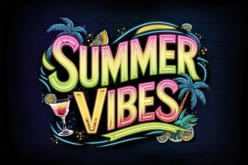 "Summer vibes" illustration depicts a tropical scene with tall palm trees and a colorful tropical cocktail, evoking the spirit of summer relaxation and enjoyment.