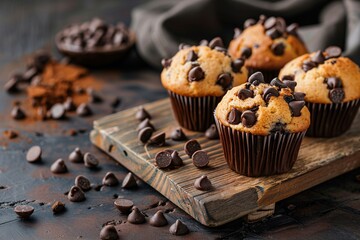 a group of muffins with chocolate chips on a wooden board