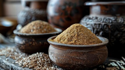 cumin seeds and ground cumin in a rustic setting,
