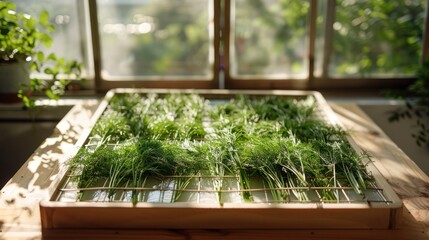 Image of dill fronds laid out for drying on a wooden rack