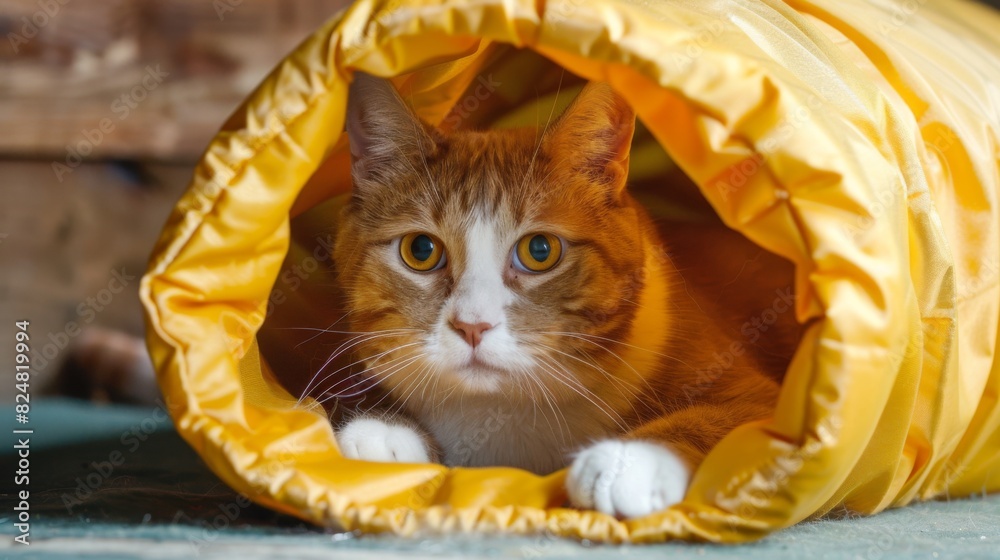 Poster a fat cat playing hide-and-seek with a crinkle tunnel, its head poking out curiously, in a fun and e