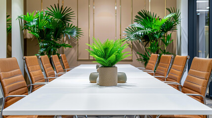 Contemporary meeting space with a long white table, brown leather chairs, and decorative green...