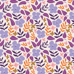 Vector floral seamless pattern design. Stylized violet flowers on light  background. Vector natural seamless texture. Botanical illustrated print in hand-drawn style.