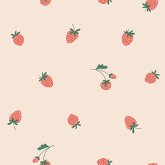 Strawberry vector seamless pattern. Red berry on light beige background. Cute fruit seamless print for fabric or wrapping paper design. 