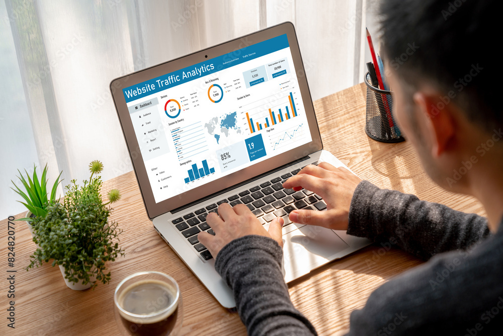 Poster computer software for website traffic analytics data on computer screen. concept of seo search engin