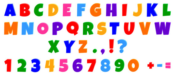 
Fun 3D English alphabet and numbers for learning, games and design. Colored letters set for school, vector.