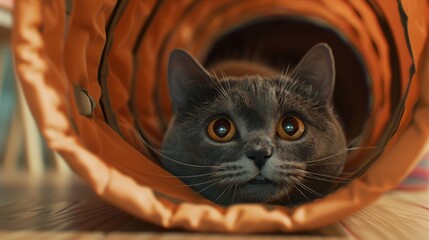 A fat cat playing hide-and-seek with a crinkle tunnel, its head poking out curiously, in a fun and engaging environment.