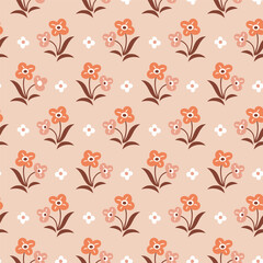 Traditional floral seamless pattern design. Vector flowers on pink peach background. Simple stylish vintage botanical print for fabric design