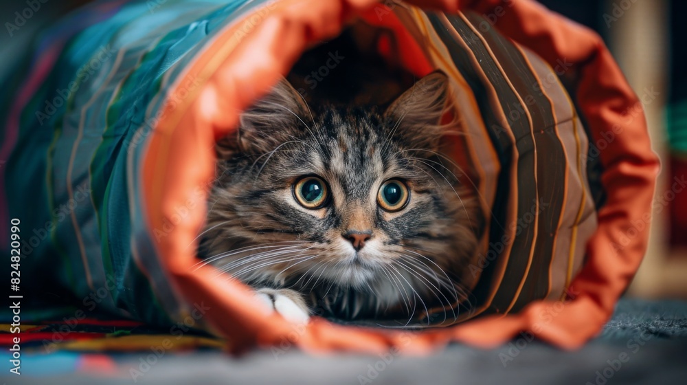 Poster a fat cat playing hide-and-seek with a crinkle tunnel, its head poking out curiously, in a fun and e