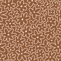vector cute line flowers seamless pattern. Stylized flora in neutral brown color palette. Ditsy seamless pattern design for fabric or wallpaper, wrapping paper. Simple daisy on brown background.