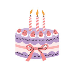 Birthday cake with candles and bow isolated on white background. Strawberry hand drawn cake. Vector happy birthday illustration  