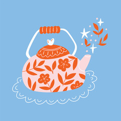 Tea time hand drawn illustration. Teapot on blue background in hand drawn style. Healthy and magic hot beverage. Tea card design