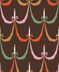 Ribbon, bow and candle seamless pattern on dark background. Vector decorative wrap paper design. Festive endless print for bithday or Christmas. Vecor bow seamless pattern.