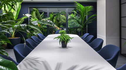 Modern office meeting room with a long white table, navy blue chairs, and lush green plants for a...