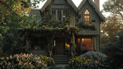 A Craftsman house with a front porch railing made of twisted vines, the natural shapes detailed and wild 